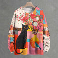 Bohemian Black Cat Floral Crew Neck Sweater