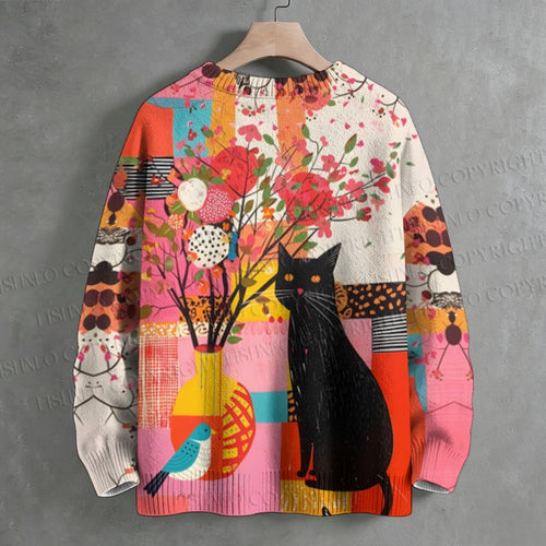 Bohemian Black Cat Floral Crew Neck Sweater