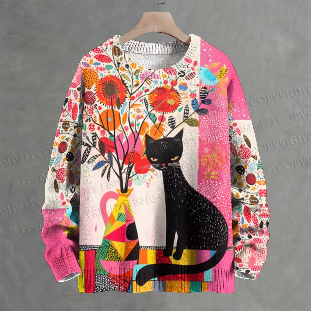 Bohemian Black Cat Floral Crew Neck Sweater