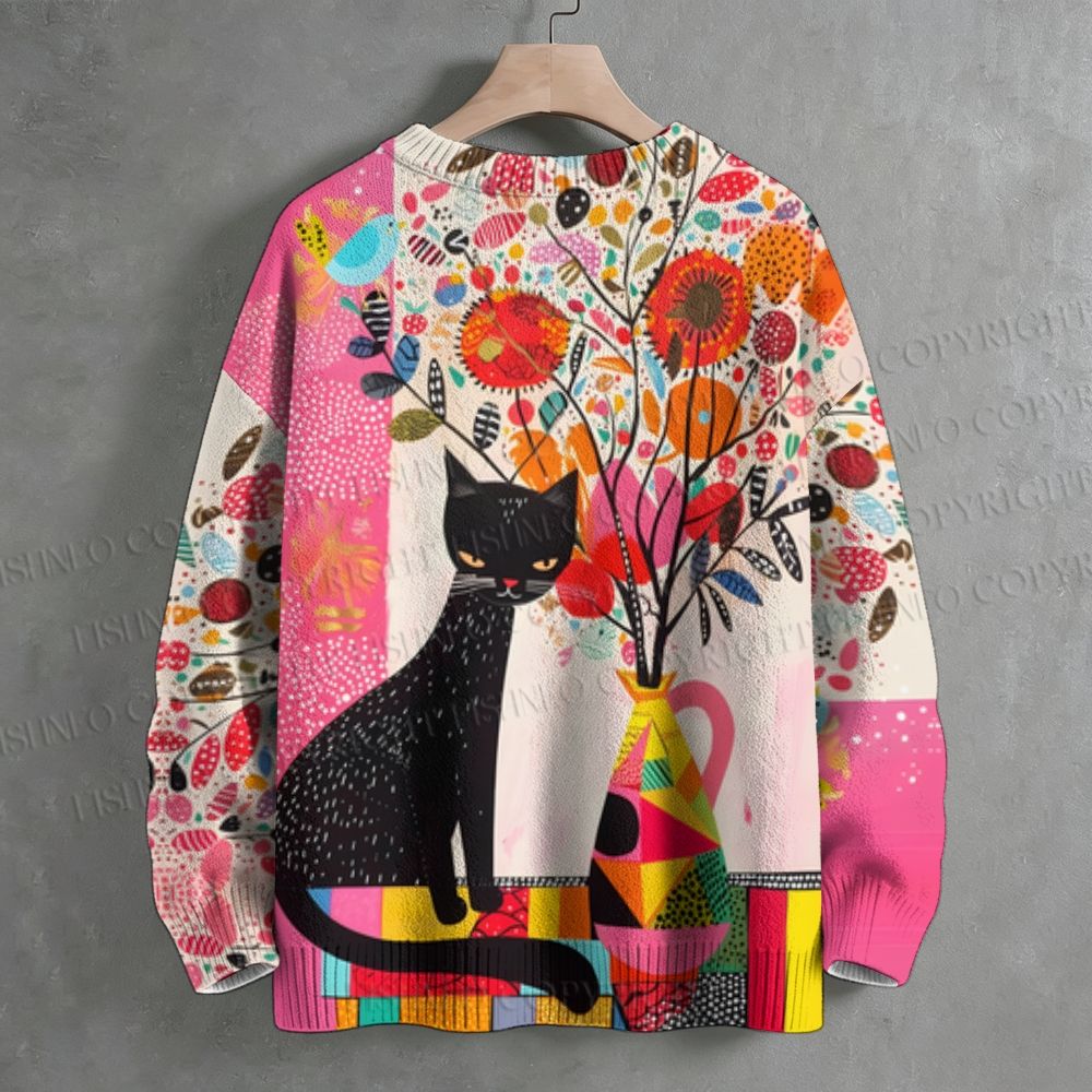 Bohemian Black Cat Floral Crew Neck Sweater