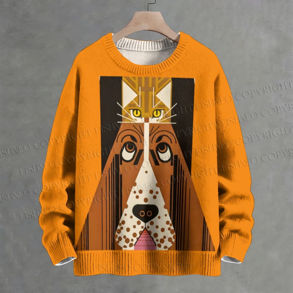 Charley Harper Geometric Cat And Dog Crew Neck Sweater