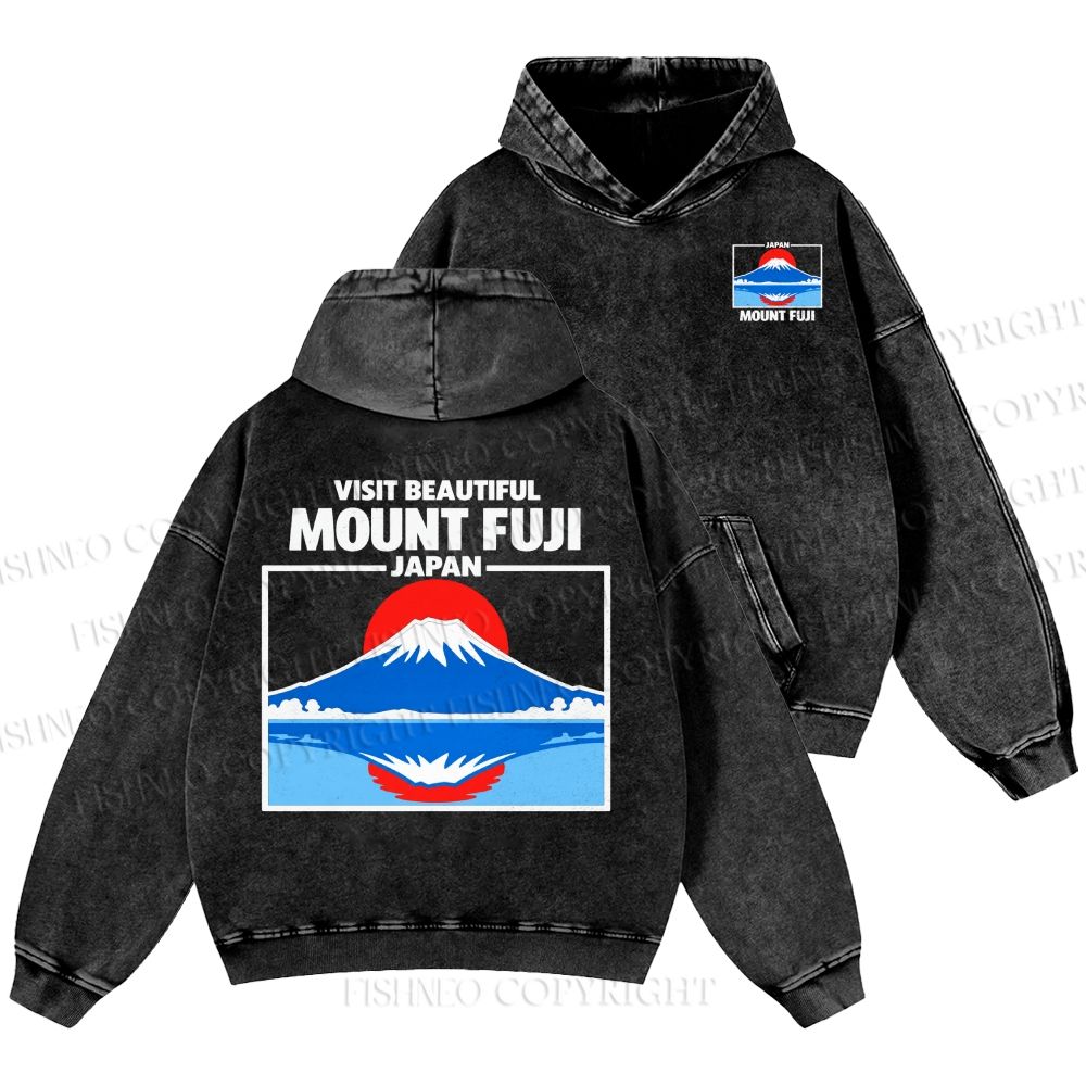 Unisex Casual Mount Fuji Printed Double-sided Washed Hoodie