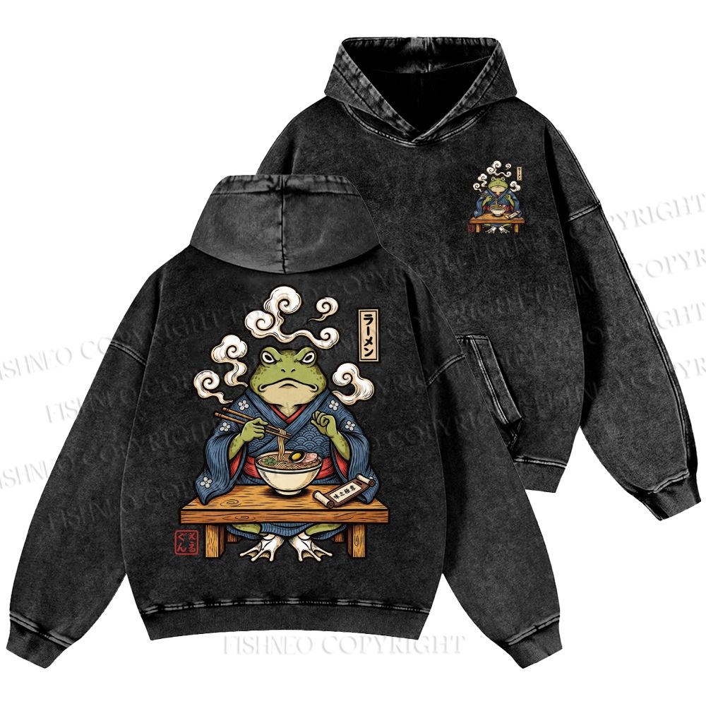 Unisex Casual Ramen Frog Printed Double-sided Washed Hoodie