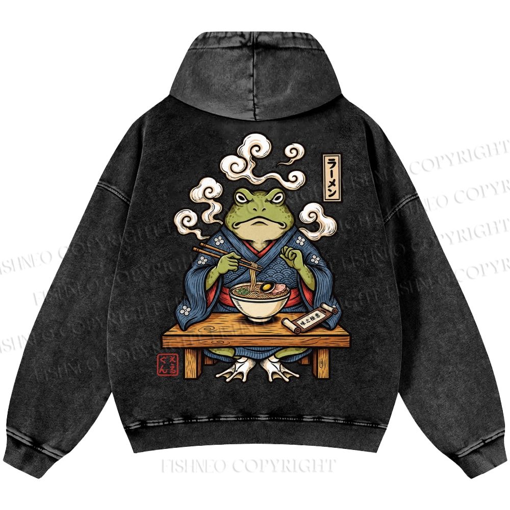 Unisex Casual Ramen Frog Printed Double-sided Washed Hoodie