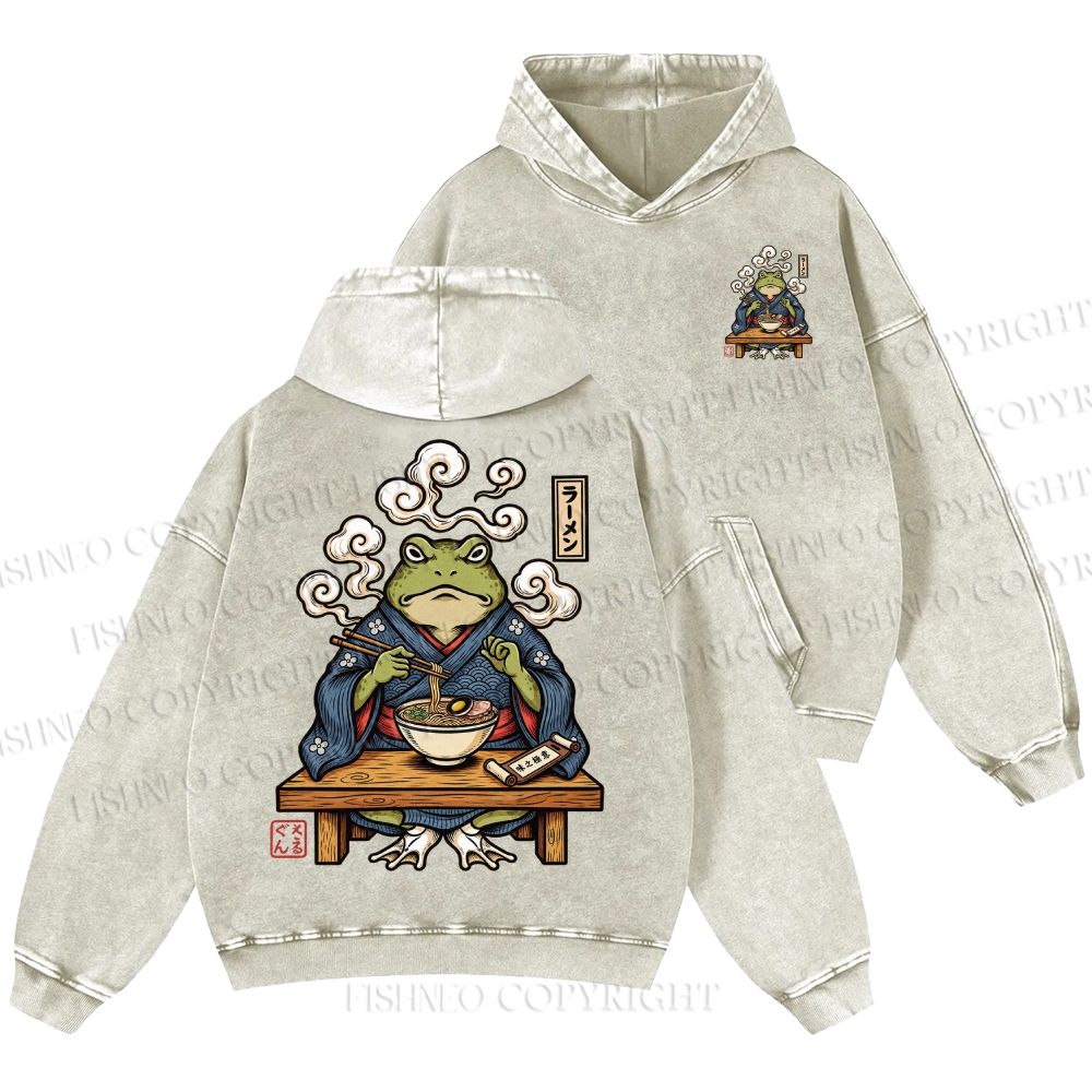 Unisex Casual Ramen Frog Printed Double-sided Washed Hoodie