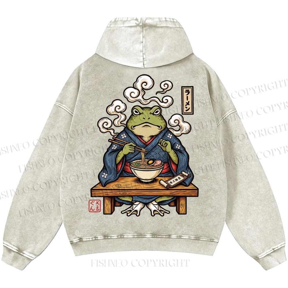 Unisex Casual Ramen Frog Printed Double-sided Washed Hoodie