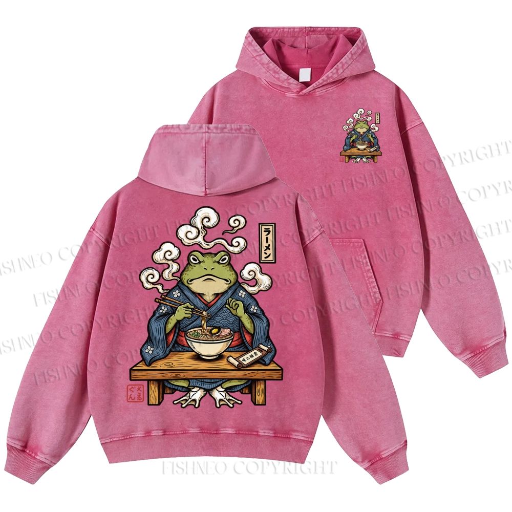 Unisex Casual Ramen Frog Printed Double-sided Washed Hoodie