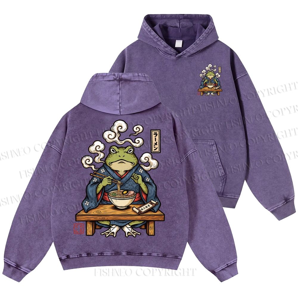 Unisex Casual Ramen Frog Printed Double-sided Washed Hoodie