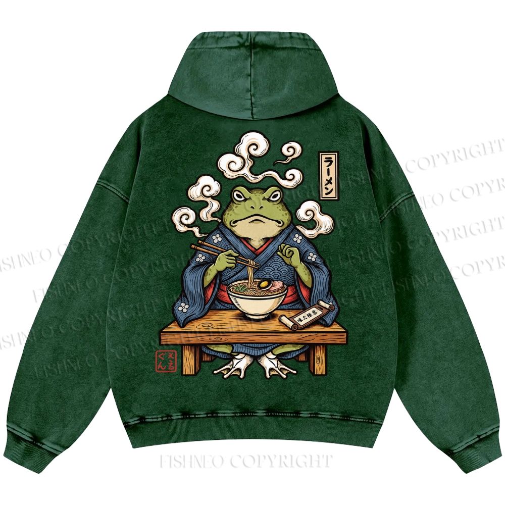 Unisex Casual Ramen Frog Printed Double-sided Washed Hoodie
