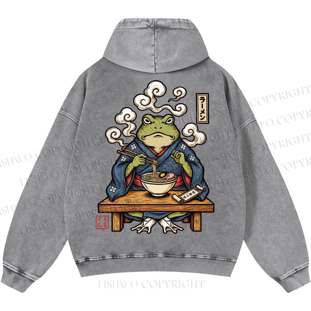 Unisex Casual Ramen Frog Printed Double-sided Washed Hoodie