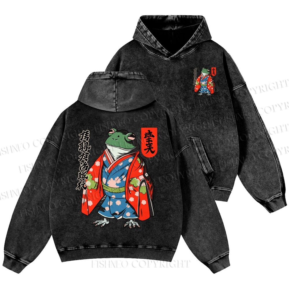 Unisex Casual Frog In A Kimono Printed Double-sided Washed Hoodie