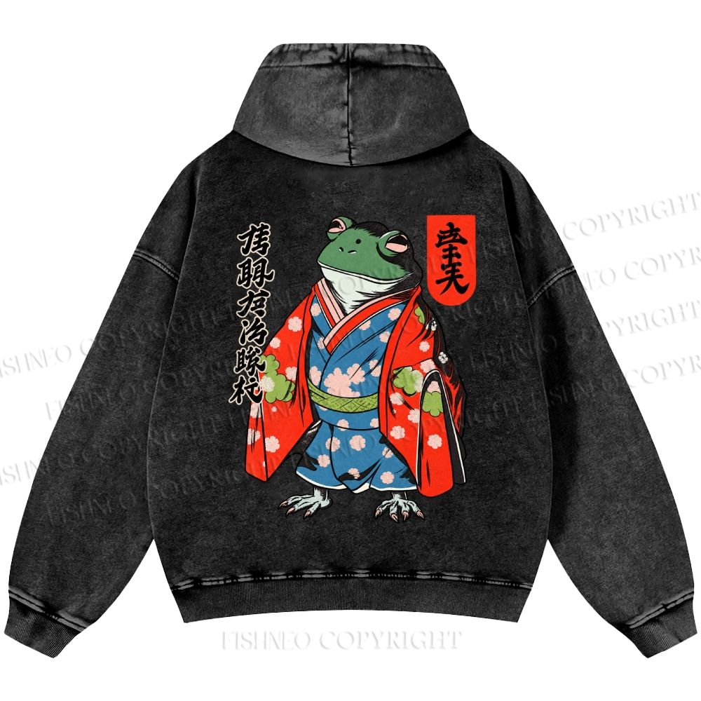 Unisex Casual Frog In A Kimono Printed Double-sided Washed Hoodie