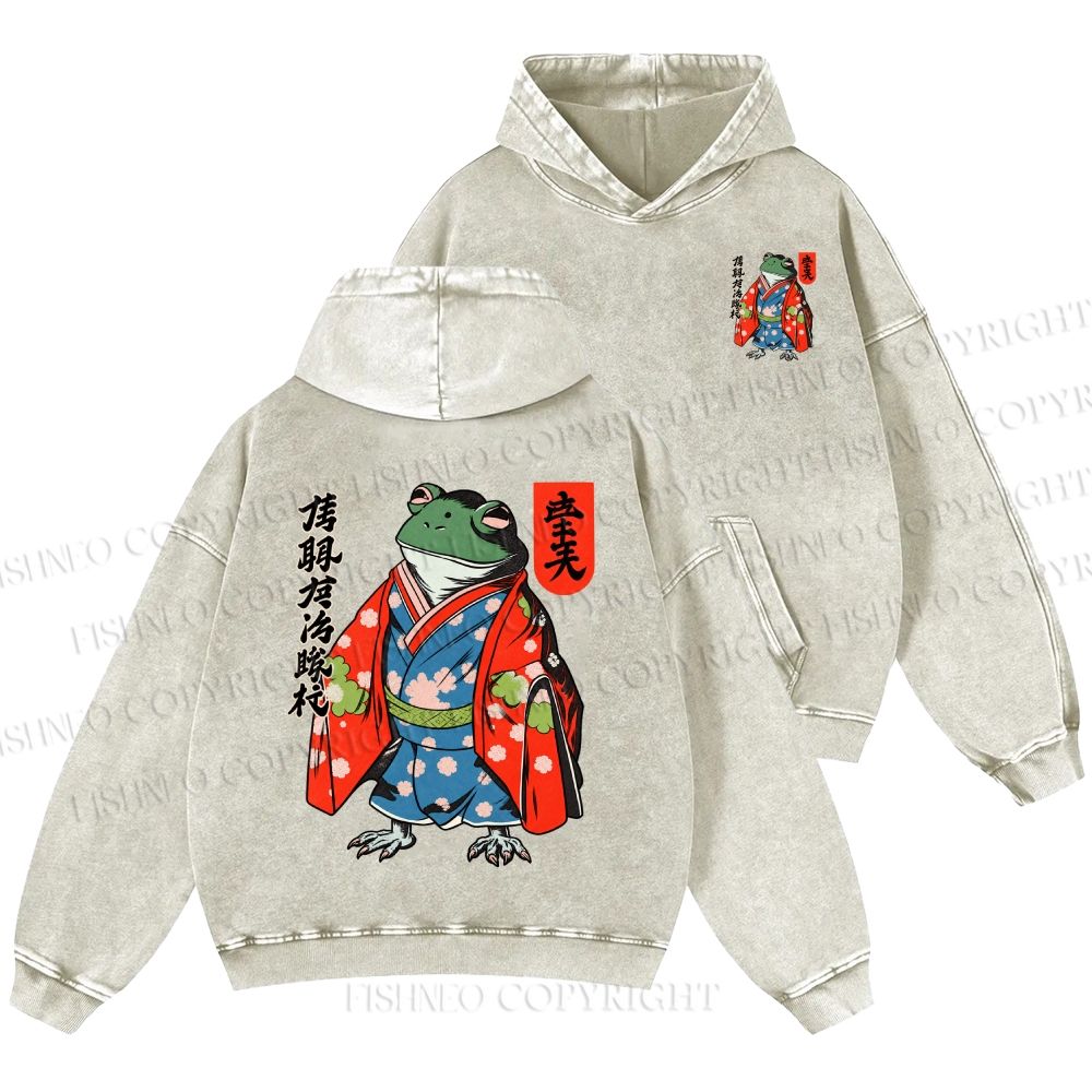 Unisex Casual Frog In A Kimono Printed Double-sided Washed Hoodie