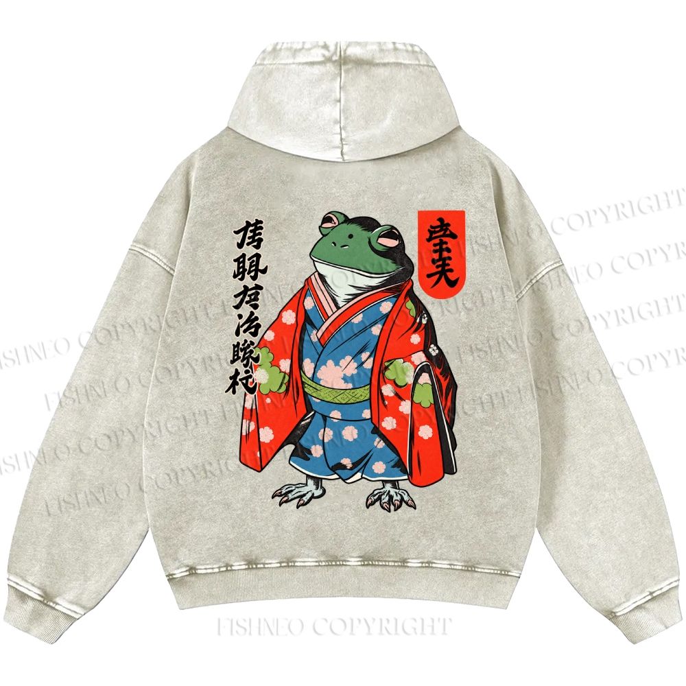 Unisex Casual Frog In A Kimono Printed Double-sided Washed Hoodie