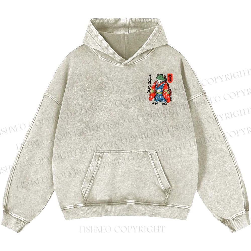 Unisex Casual Frog In A Kimono Printed Double-sided Washed Hoodie