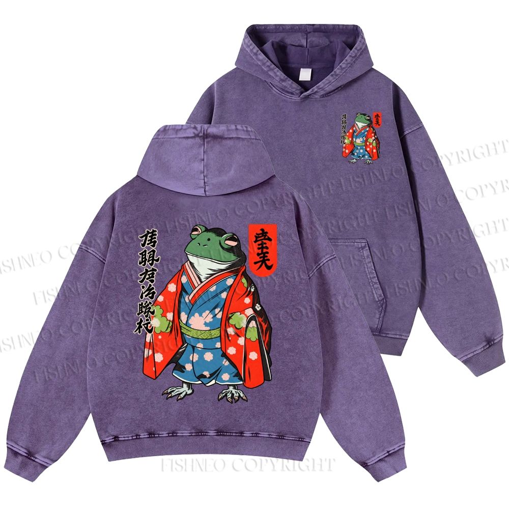 Unisex Casual Frog In A Kimono Printed Double-sided Washed Hoodie
