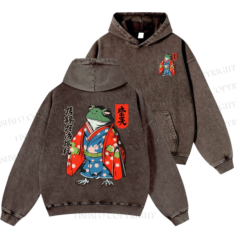 Unisex Casual Frog In A Kimono Printed Double-sided Washed Hoodie