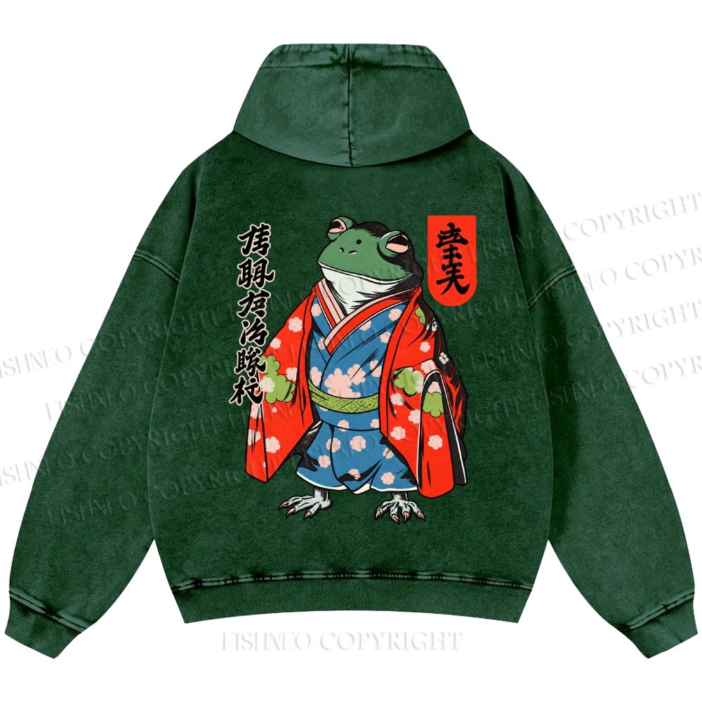 Unisex Casual Frog In A Kimono Printed Double-sided Washed Hoodie