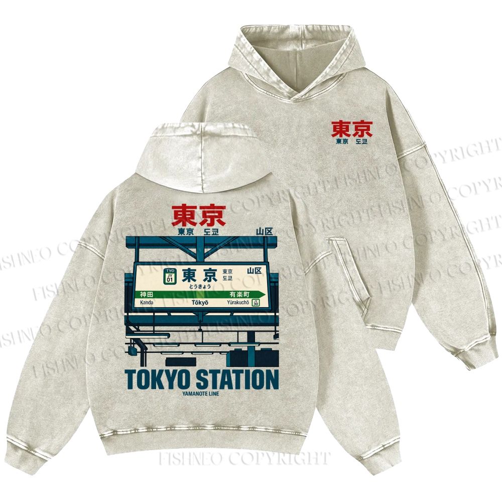 Unisex Casual Tokyo Station Printed Double-sided Washed Hoodie
