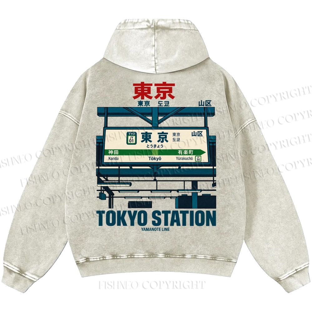 Unisex Casual Tokyo Station Printed Double-sided Washed Hoodie