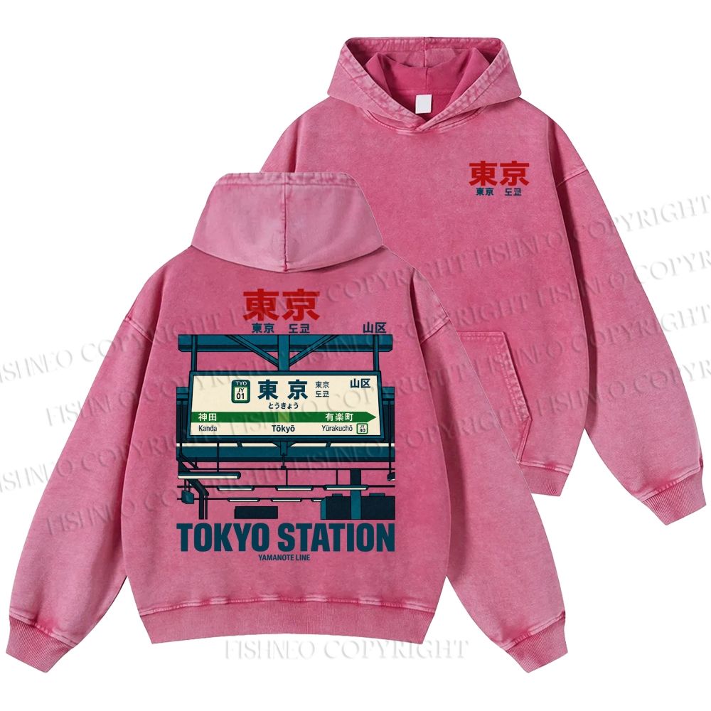 Unisex Casual Tokyo Station Printed Double-sided Washed Hoodie