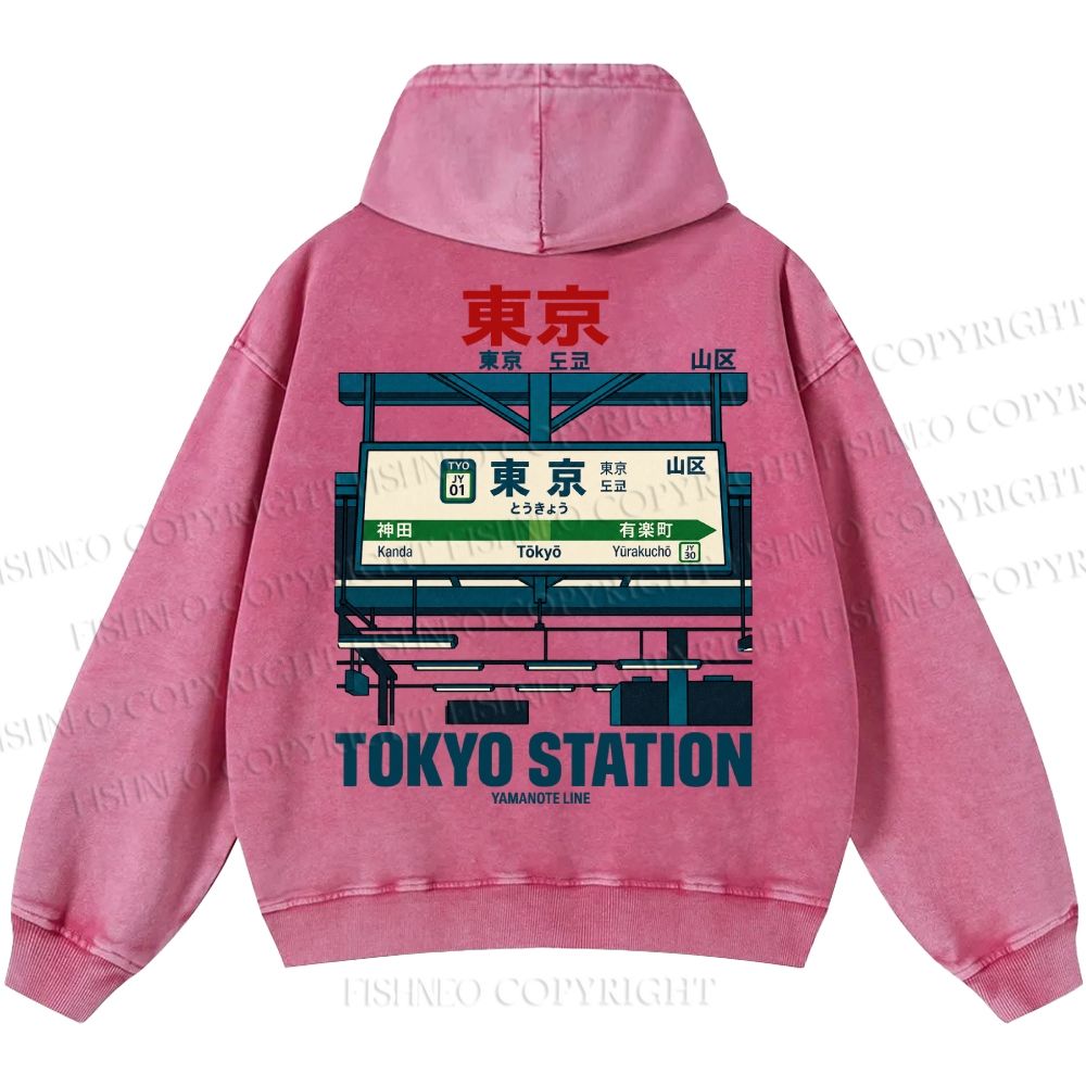 Unisex Casual Tokyo Station Printed Double-sided Washed Hoodie