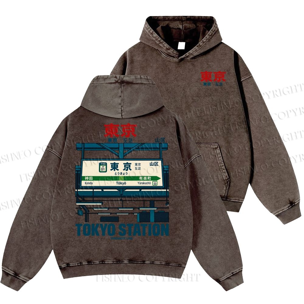 Unisex Casual Tokyo Station Printed Double-sided Washed Hoodie