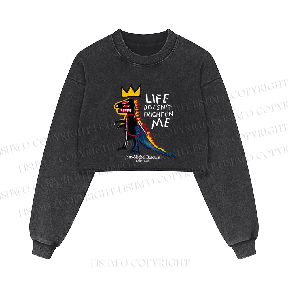 Jean-Michel Basquiat Life Doesn't Frighten Me Printed Washed Crop Sweatshirt