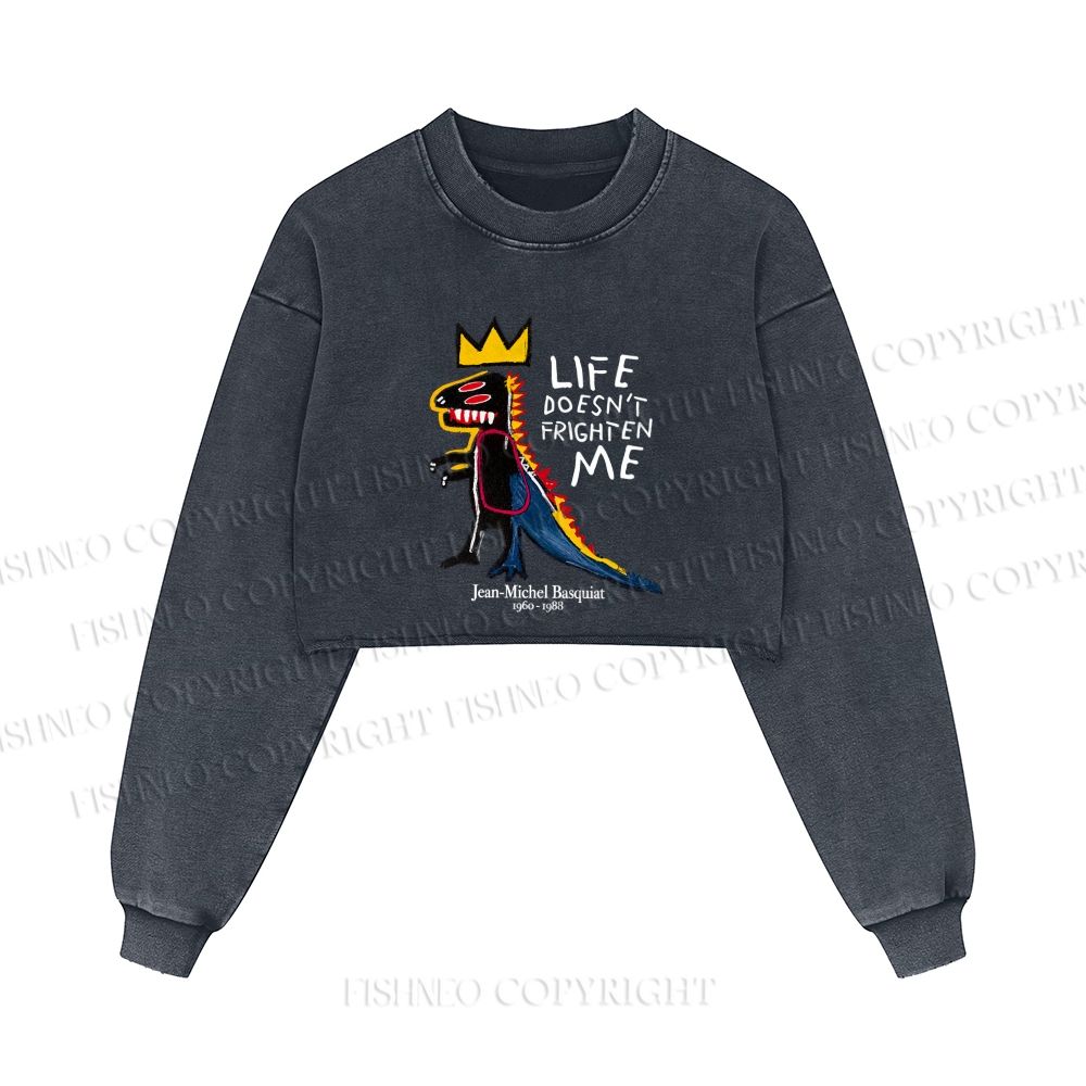 Jean-Michel Basquiat Life Doesn't Frighten Me Printed Washed Crop Sweatshirt