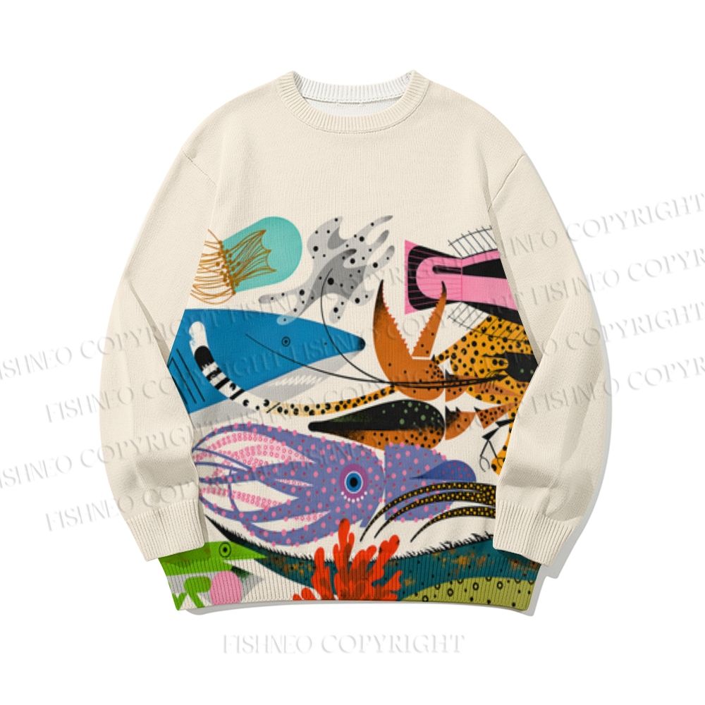 Charley Harper Geometric Octopus Shark Jellyfish in Ocean Core-spun yarn long-sleeve sweater