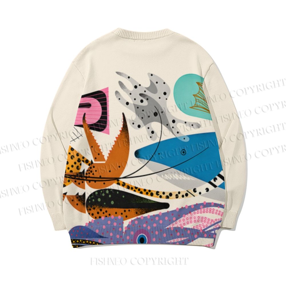 Charley Harper Geometric Octopus Shark Jellyfish in Ocean Core-spun yarn long-sleeve sweater