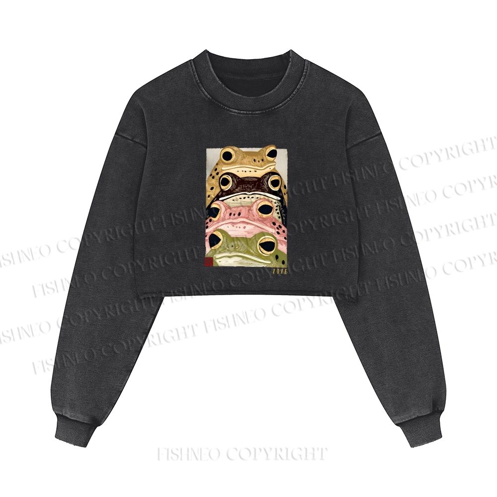 Whimsical Multi Colored Frog Art Printed Washed Crop Sweatshirt
