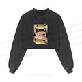 Whimsical Multi Colored Frog Art Printed Washed Crop Sweatshirt