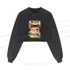 Whimsical Multi Colored Frog Art Printed Washed Crop Sweatshirt