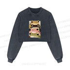 Whimsical Multi Colored Frog Art Printed Washed Crop Sweatshirt