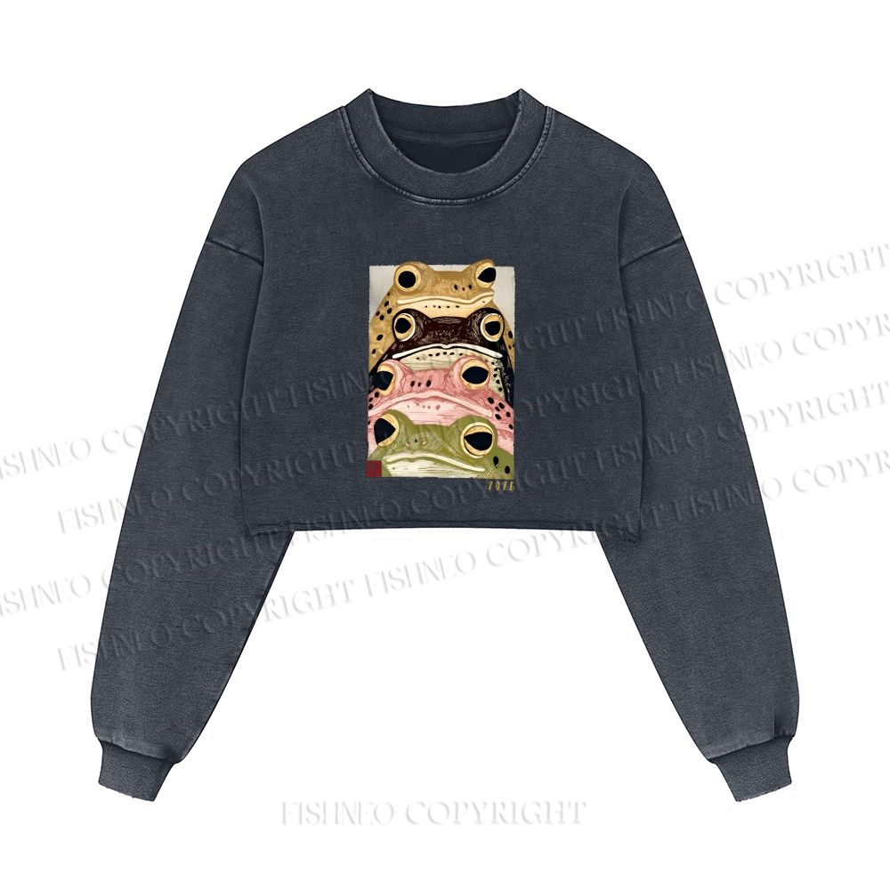 Whimsical Multi Colored Frog Art Printed Washed Crop Sweatshirt