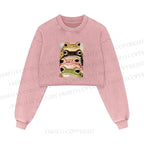 Whimsical Multi Colored Frog Art Printed Washed Crop Sweatshirt