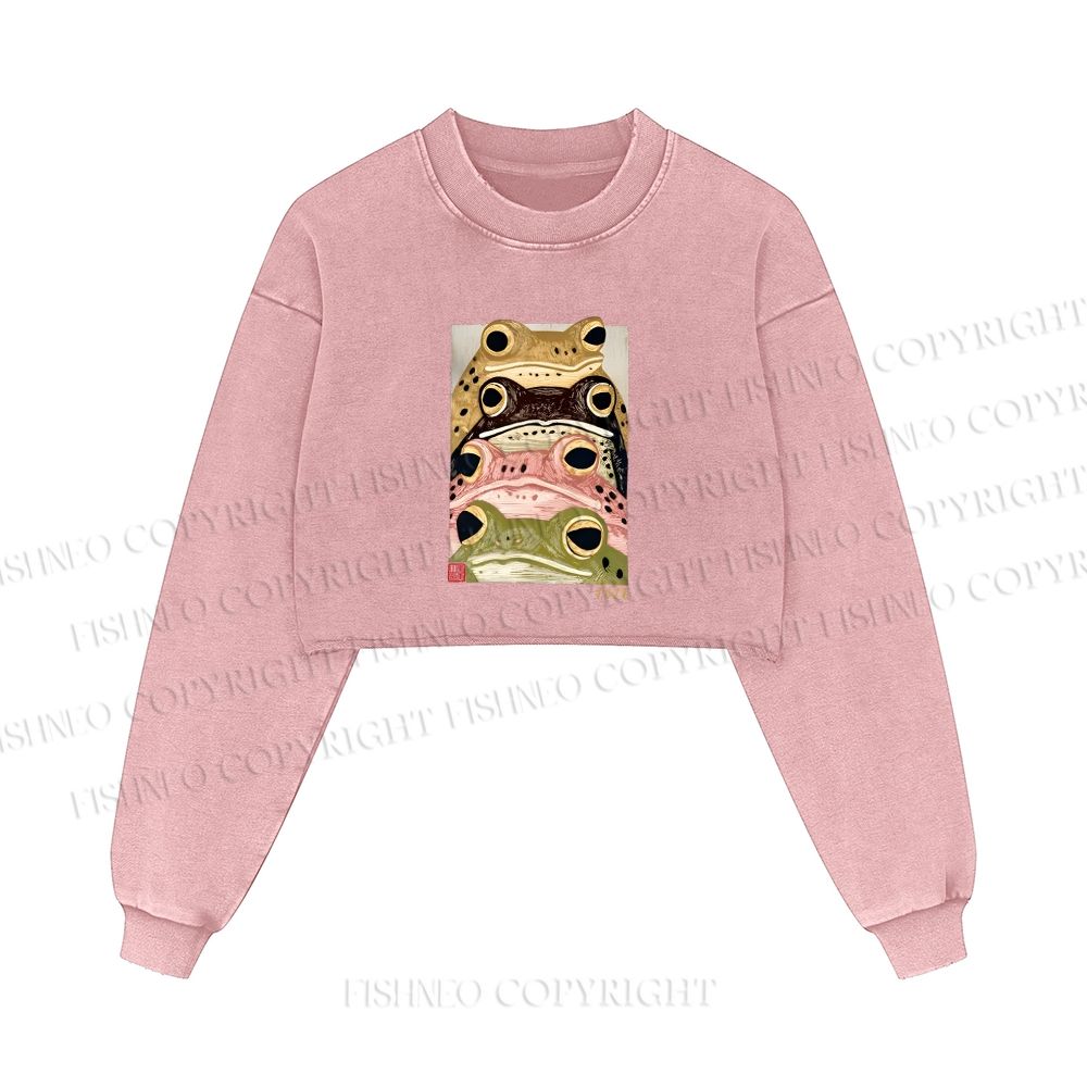 Whimsical Multi Colored Frog Art Printed Washed Crop Sweatshirt
