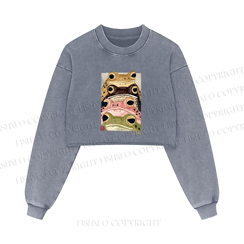 Whimsical Multi Colored Frog Art Printed Washed Crop Sweatshirt