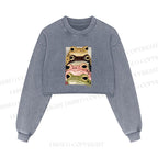 Whimsical Multi Colored Frog Art Printed Washed Crop Sweatshirt