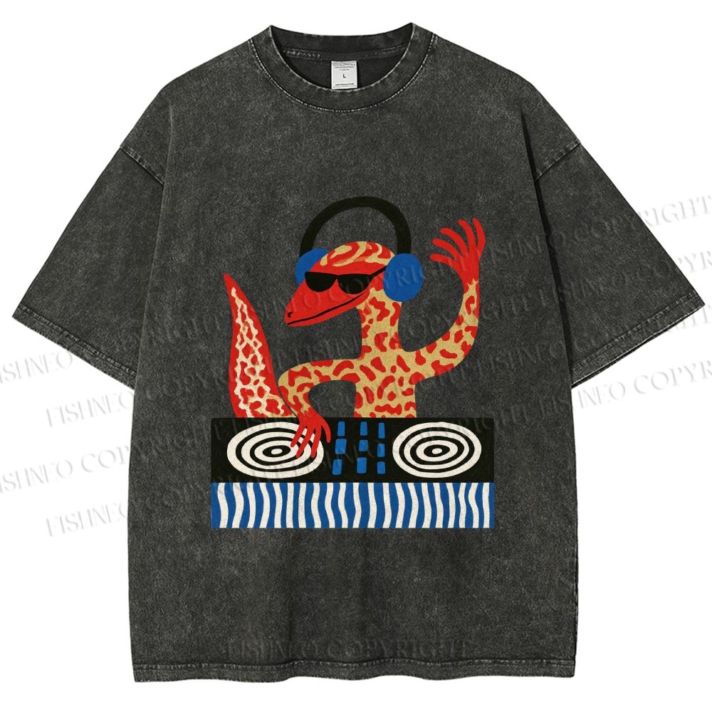 Unisex Gecko DJ Printed Washed Tee