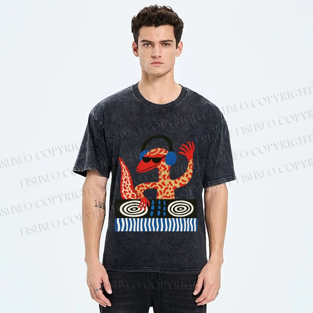 Unisex Gecko DJ Printed Washed Tee