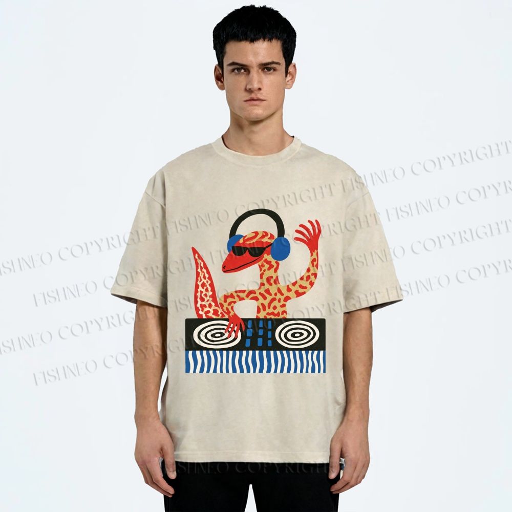 Unisex Gecko DJ Printed Washed Tee