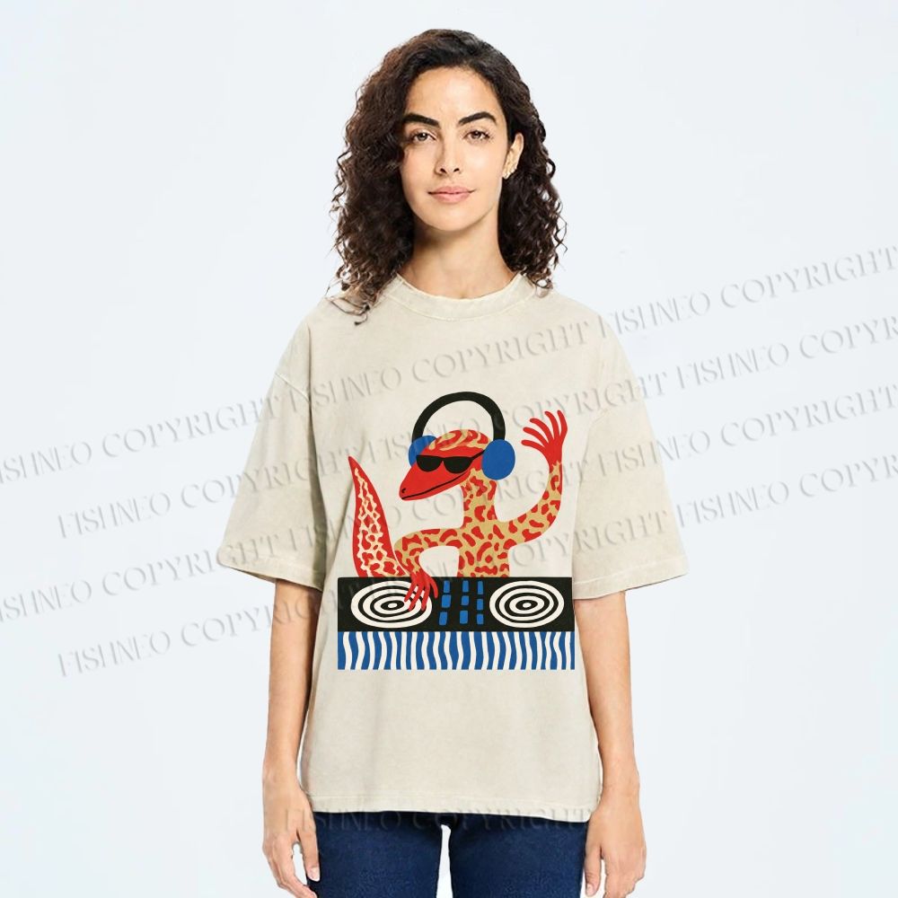 Unisex Gecko DJ Printed Washed Tee