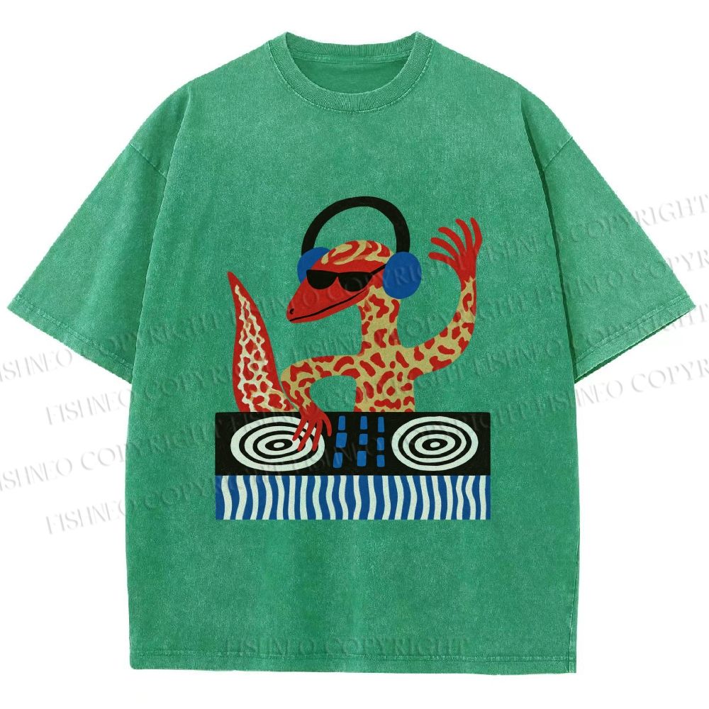 Unisex Gecko DJ Printed Washed Tee