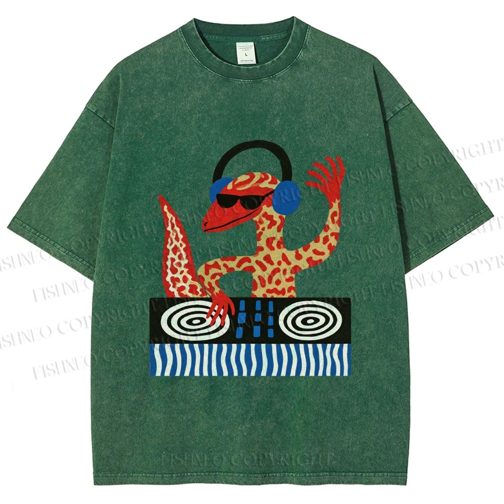 Unisex Gecko DJ Printed Washed Tee