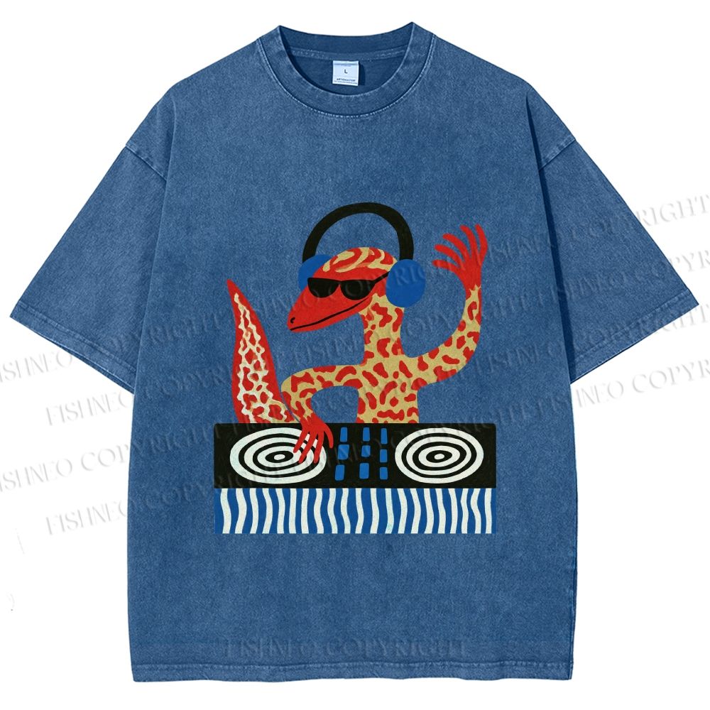 Unisex Gecko DJ Printed Washed Tee
