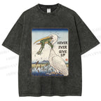 Unisex Never Ever Give Up Frog Printed Washed Tee