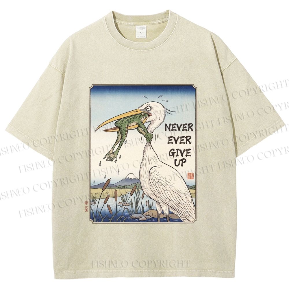 Unisex Never Ever Give Up Frog Printed Washed Tee