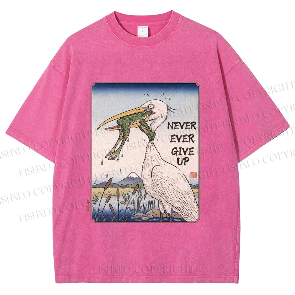 Unisex Never Ever Give Up Frog Printed Washed Tee